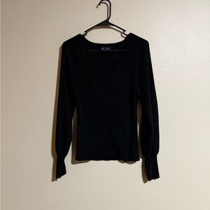 Gap Black Ribbed V Neck Puff Sleeve Sweater Size Medium